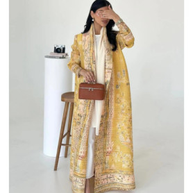 Miyake Fold 2025 Spring New Big Lapel Lace-up Cardigan Long Coat Abaya National Style Printed Long Cape Coat