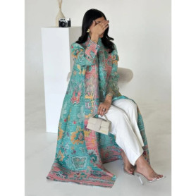 Women Pleated Abaya Muslim Dress Open Stretch Maxi Dresses Cardigan Robe Print Morocco Dubai Kaftan Islam Vestidos Jalabiya