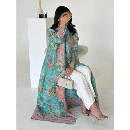 Women Pleated Abaya Muslim Dress Open Stretch Maxi Dresses Cardigan Robe Print Morocco Dubai Kaftan Islam Vestidos Jalabiya