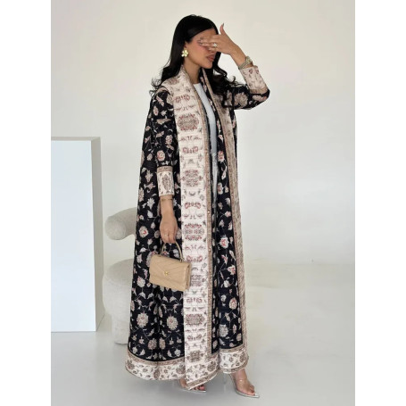 Miyake Pleated Cardigan Abaya Women Open Dress Vintage Printed Turn Down Collar Long Coats 2026 Original Designer Dubai Dress