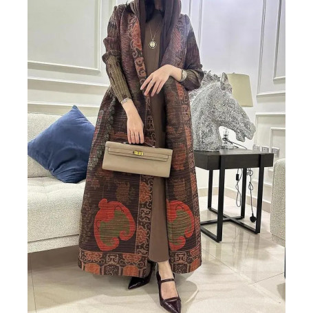 abaya ethnic style print pleated long cape coat miyake Women's spring/Summer 2026 large lapel lace-up cardigan top long