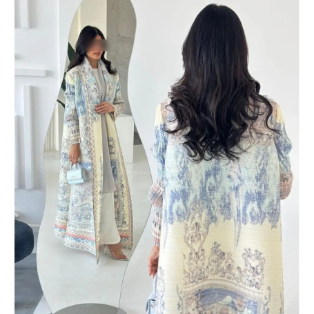 2026 Miyake Pleated Vintage Printed Turn-down Collar Long Sleeve Long Jacket Women Designer New Dubai Fashion Plus Size Coats