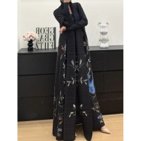 Miyake Pleated Abaya Trench Cardigans Printed Long Sleeve Turn-down Collar Dress Women 2026 Original Designer Caftan Long Coats