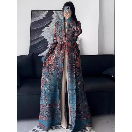 Miyake Pleated Abaya Women Dubai Muslim Caftan Vintage Printed Long Sleeve Morocco 2026 Original Designer Cardigan Long Coats