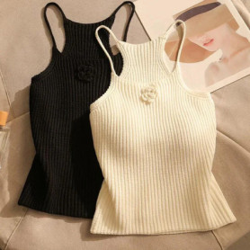 2Colors Summer Sexy Flower Knitted Camisole Women's Solid Color Sleeveless Slim Crop Top