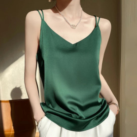 2026 Spaghetti Strap Top Women Halter V Neck Basic White Cami Sleeveless Satin Silk Tank Tops Women's Summer Camisole Crop Top