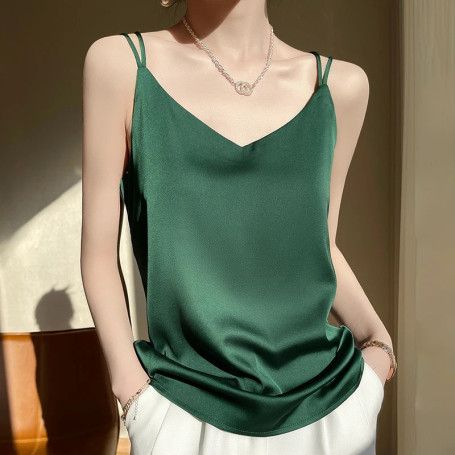 2026 Spaghetti Strap Top Women Halter V Neck Basic White Cami Sleeveless Satin Silk Tank Tops Women's Summer Camisole Crop Top