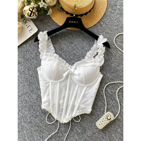 SINGREINY Floral Embroidery Lingerie Women Strap Irregular Corset Short Tank Top Sensual French Hotsweet Slim Sexy Beach Camis