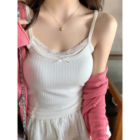 Fake Two Pieces With Chest Pad Lace Patchwork Camis Women Crop Top Vest Sleeveless Top Summer Cute Bow Camisole Korean Tank Top