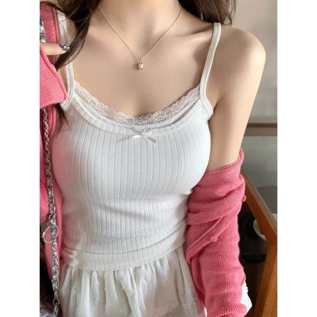 Fake Two Pieces With Chest Pad Lace Patchwork Camis Women Crop Top Vest Sleeveless Top Summer Cute Bow Camisole Korean Tank Top