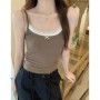 Fake Two Pieces With Chest Pad Lace Patchwork Camis Women Crop Top Vest Sleeveless Top Summer Cute Bow Camisole Korean Tank Top