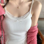 Fake Two Pieces With Chest Pad Lace Patchwork Camis Women Crop Top Vest Sleeveless Top Summer Cute Bow Camisole Korean Tank Top