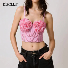 KUCLUT Fashion Fishbone Strap Top With Chest Pad Floral Camisole Vest For Women Outwear Beaded Tank Top Female Trendy