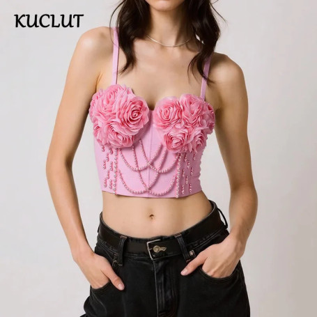 KUCLUT Fashion Fishbone Strap Top With Chest Pad Floral Camisole Vest For Women Outwear Beaded Tank Top Female Trendy