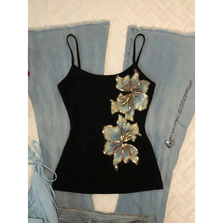 Summer Tanks Women's Clothing 2026 Beading Sweet Floral Tees Temperament Tops Chic Sexy Camis Ropa Mujer Tunic Black Crop Vest