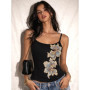 Cutenew Floral Decoration Camisole Woman Trend Sequin Low-Neck Backless Skinny Stretch Hot Girl Street Fashion Style Tank Tops