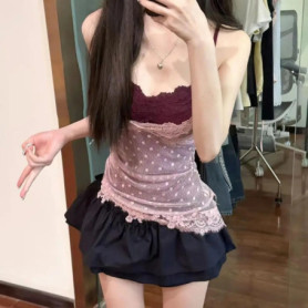 Fashion Lace Dots Fake Two Pieces Camisole Tank Top Slim Fit Lace Slim Crop Top Elastic Streetwear Bra with Pads Cami Beach