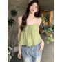 Women Linen Sweet Babydoll Ruffle Crop Sleeveless Top Thin Strap Front Bow Ties Flowy Camis Female Korean Tank Top
