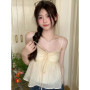 Women Linen Sweet Babydoll Ruffle Crop Sleeveless Top Thin Strap Front Bow Ties Flowy Camis Female Korean Tank Top