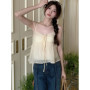 Women Linen Sweet Babydoll Ruffle Crop Sleeveless Top Thin Strap Front Bow Ties Flowy Camis Female Korean Tank Top