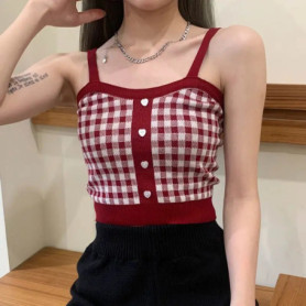 Plaid Button Tank Tops Spaghetti Strap Women Summer Fashion 2026 Y2K Cute Korean Knitted Tight Sleeveless Vest Crop Top Female