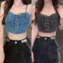 Fashion Sleeveless Denim Camisole Women Streetwear Backless Elastics Camis Corset Crop Tops Lace Up Skinny Tops Girls