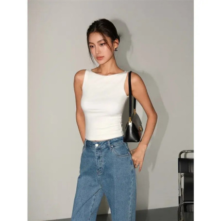 Summer women's double-layer boat neck soft slim solid color vest
