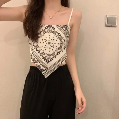 Vintage Ethnic Beach Camisole for Women Summer Outerwear Ins High Street Slim Fit Thin strap Black Tank Top Trendy