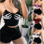 Gothic Skeleton Hand Print Bodycon Crop Tops Women Sexy V-neck Spandex Spaghetti Strap Y2K Sleeveless Harajuku Clubwear Camisole