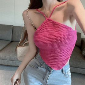 2024 New Sexy Backless Lace-up Hollow Hot Girl Slim-fit Knitted Camisole Short Top with Neck for Women