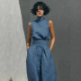 Fashion Elegant 2Pc Pants Set 2026 Summer Sleeveless Turtleneck Top+Wide Leg Pants High Street Casual Two Piece Set Women Outfit