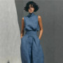 Fashion Elegant 2Pc Pants Set 2026 Summer Sleeveless Turtleneck Top+Wide Leg Pants High Street Casual Two Piece Set Women Outfit