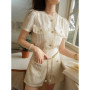 Aoi Summer Y2k White Lattice Fashion Two-Piece Set Women Socialite Elegant Relief Cardigan Tops+Empire Waist Shorts Skirt Suit