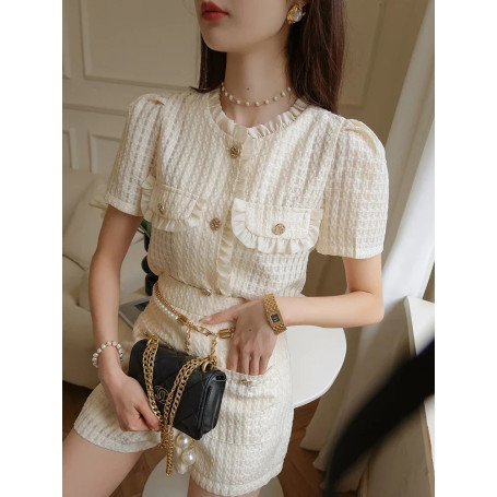 Aoi Summer Y2k White Lattice Fashion Two-Piece Set Women Socialite Elegant Relief Cardigan Tops+Empire Waist Shorts Skirt Suit