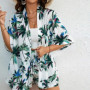 Summer Leaf print beach suit women Fashion Short Sleeve Hawaiian shorts Female casual open Cardigan shirts Vacation Beach suit