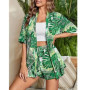 Summer Leaf print beach suit women Fashion Short Sleeve Hawaiian shorts Female casual open Cardigan shirts Vacation Beach suit