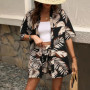 Summer Leaf print beach suit women Fashion Short Sleeve Hawaiian shorts Female casual open Cardigan shirts Vacation Beach suit