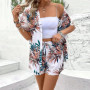 Summer Leaf print beach suit women Fashion Short Sleeve Hawaiian shorts Female casual open Cardigan shirts Vacation Beach suit