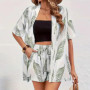 Summer Leaf print beach suit women Fashion Short Sleeve Hawaiian shorts Female casual open Cardigan shirts Vacation Beach suit