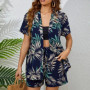Summer Leaf print beach suit women Fashion Short Sleeve Hawaiian shorts Female casual open Cardigan shirts Vacation Beach suit