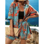 Summer Leaf print beach suit women Fashion Short Sleeve Hawaiian shorts Female casual open Cardigan shirts Vacation Beach suit