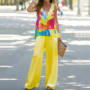 2023 Women 2 Piece Outfits Boho Casual Printed Vest Sleeveless Top Loose Wide Leg Pants Trousers Two Piece Set Elegant Suit
