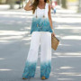 2023 Women 2 Piece Outfits Boho Casual Printed Vest Sleeveless Top Loose Wide Leg Pants Trousers Two Piece Set Elegant Suit