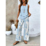 Elegant Print Square Collar Top Wide Leg Pants 2-piece Set 2025 New Women's Sleeveless Double-layer Vest Pants Set Woman summer