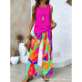 Elegant Print Square Collar Top Wide Leg Pants 2-piece Set 2025 New Women's Sleeveless Double-layer Vest Pants Set Woman summer