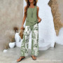 Elegant Print Square Collar Top Wide Leg Pants 2-piece Set 2025 New Women's Sleeveless Double-layer Vest Pants Set Woman summer