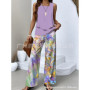 Elegant Print Square Collar Top Wide Leg Pants 2-piece Set 2025 New Women's Sleeveless Double-layer Vest Pants Set Woman summer