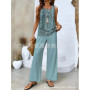 Elegant Print Square Collar Top Wide Leg Pants 2-piece Set 2025 New Women's Sleeveless Double-layer Vest Pants Set Woman summer