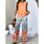 Elegant Print Square Collar Top Wide Leg Pants 2-piece Set 2025 New Women's Sleeveless Double-layer Vest Pants Set Woman summer