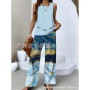 Elegant Print Square Collar Top Wide Leg Pants 2-piece Set 2025 New Women's Sleeveless Double-layer Vest Pants Set Woman summer